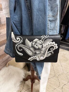 Anuschka Black & White Paisley Rose Crossbody